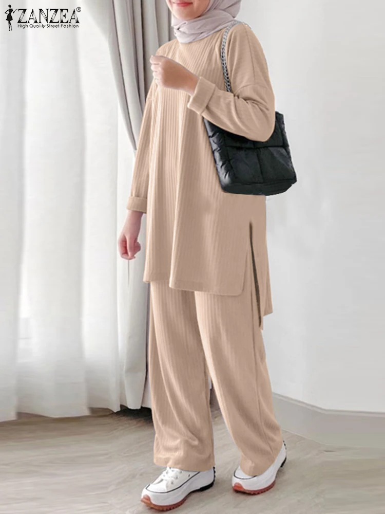 ZANZEA Muslim Suits Islamic Clothing Casual Long Sleeve Blouse Pants Sets Summer Tracksuits 2PCS Women Elegant Matching Sets