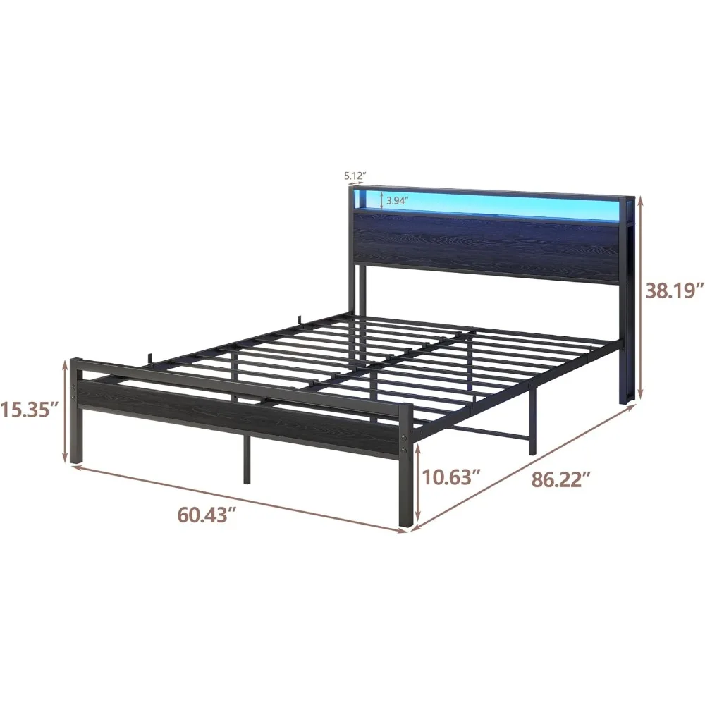 إطار سرير كوين مع لوح أمامي للتخزين/أضواء LED، منصة معدنية مع محطة شحن، لا حاجة إلى صندوق زنبركي، شرائح شديدة التحمل،
