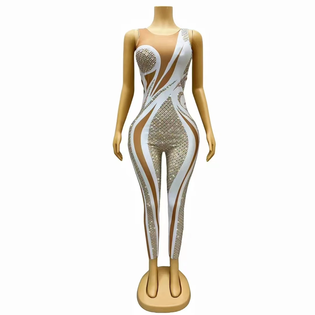 

Women Printed Sleeveless Skinny Jumpsuit Birthday Dance Party Rhinestones Leggings Sexy Nightclub Stage Performance Costume