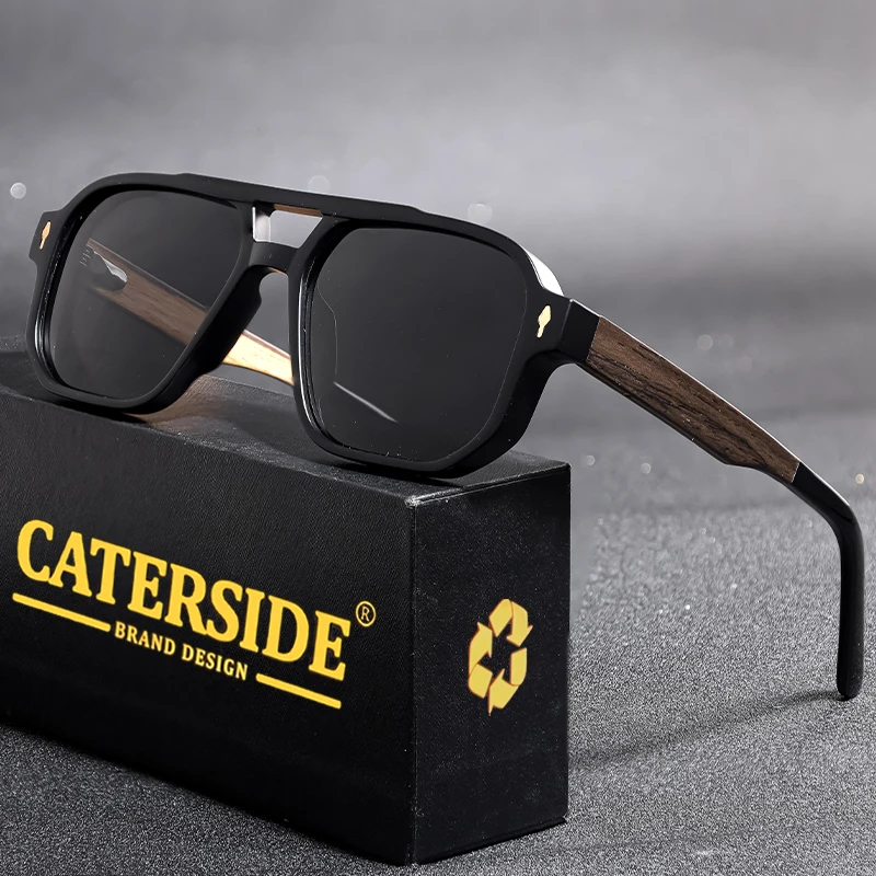 CATERSIDE Polarisierte Piloten-Sonnenbrille für Herren, UV400, Premium-TR-Rahmen und Holzbügel, Retro-Sonnenbrille im quadratischen Design zum Fahren und Angeln – Detail 4