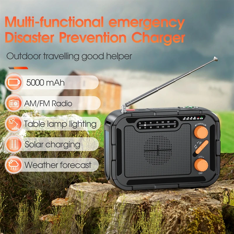 Multifunctional Hand Crank Solar USB Charging FM AM Radio Emergency LED Flashlight Torch 5000mAh Power Bank for Phone Outdoor