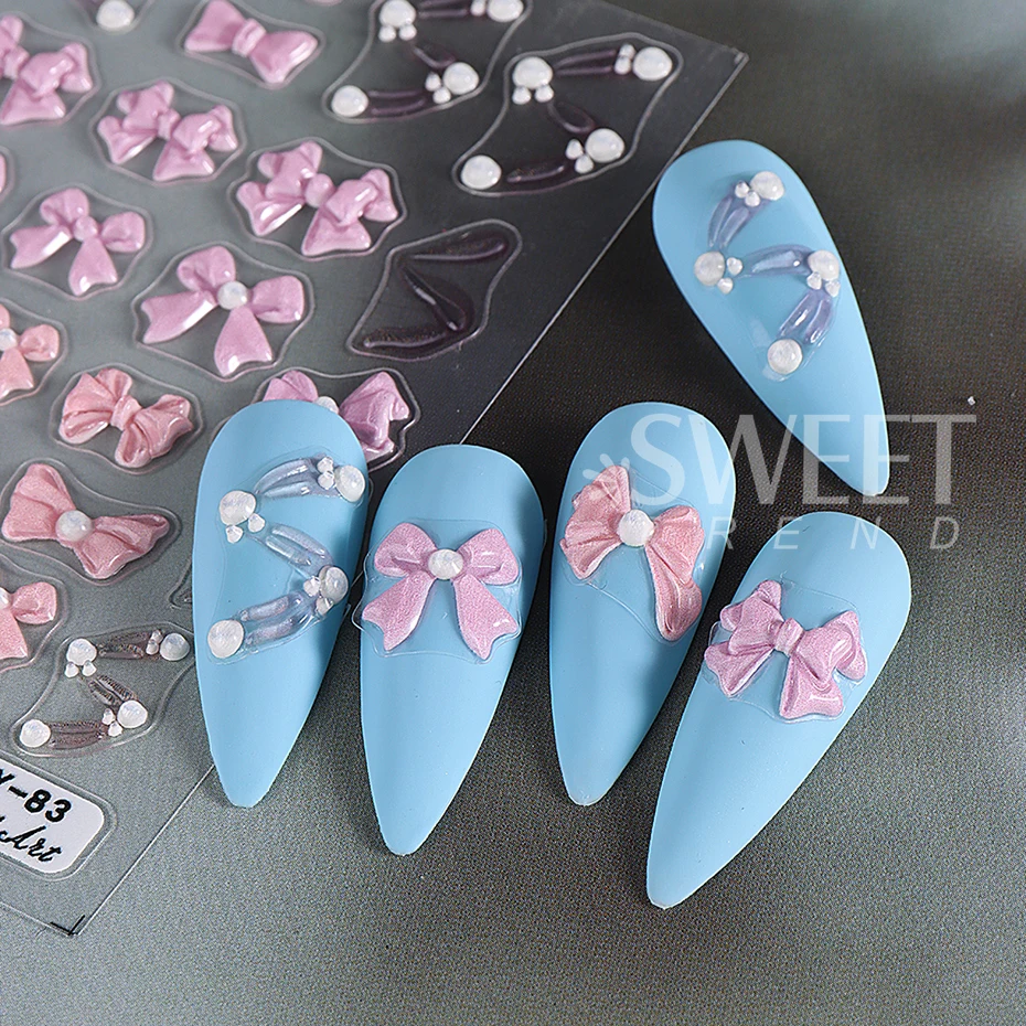 5dネイルリボンステッカー、黒とピンクのリボン、ネイルチャーム、かわいいシルクの蝶ネクタイデカール、カワイイマニキュアアクセサリー、y2kデザインサイド