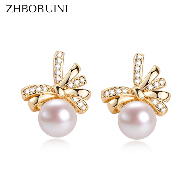 

ZHBORUINI Real Natural Freshwater Pearl 14k Gold Gilled Pearl Earrings For Women Trendy Sweet Bow Stud Earring Gift Accessories