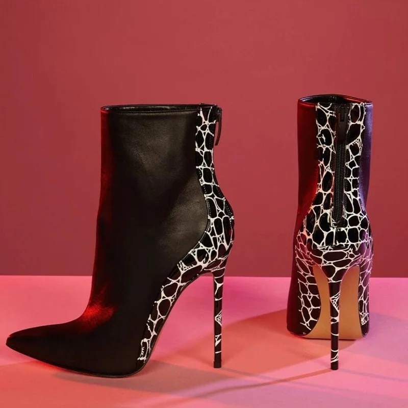 

Black White Printed Leather Back Zipper Ankle Boots Pointed Toe 12CM Stiletto Heel Patchwork Women Spring Autumn Modern Boots