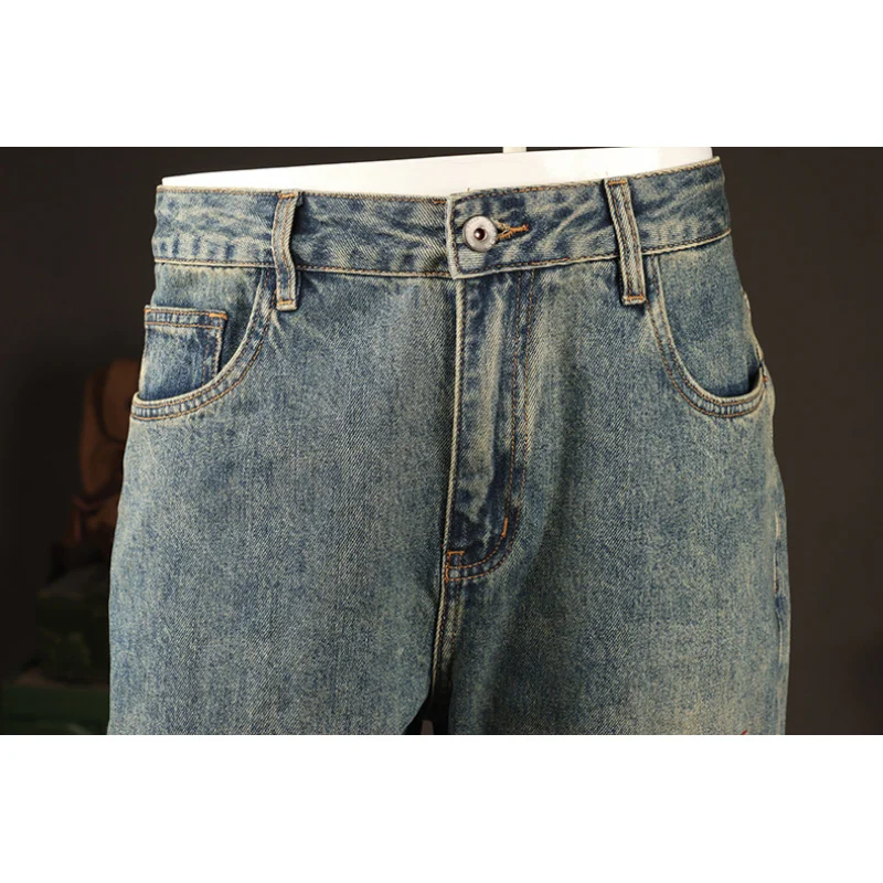 2025 موضة الشارع ملابس للرجال الأمريكية الرجعية الجينز الرجال فضفاض مستقيم أنبوب ثقب التصحيح الشباب السراويل الطويلة