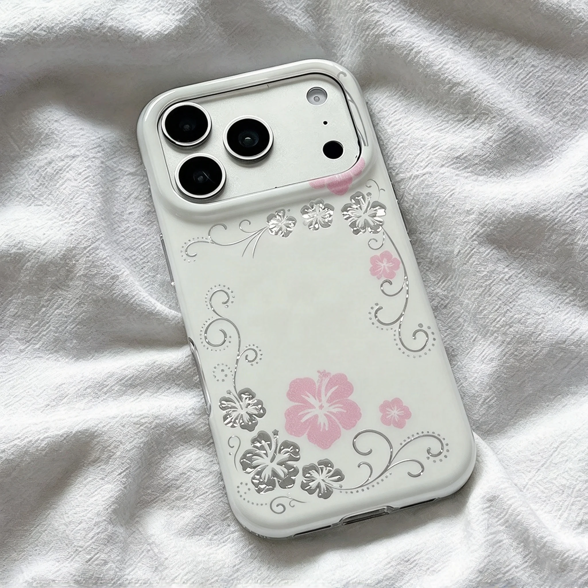 Korean Ins Silver Hibiscus Flower Laser Shining Phone Case For iPhone 18 Duo 17 Air 16 15 14 13 12 11 Pro 16 Plus Mini Y2K Cover