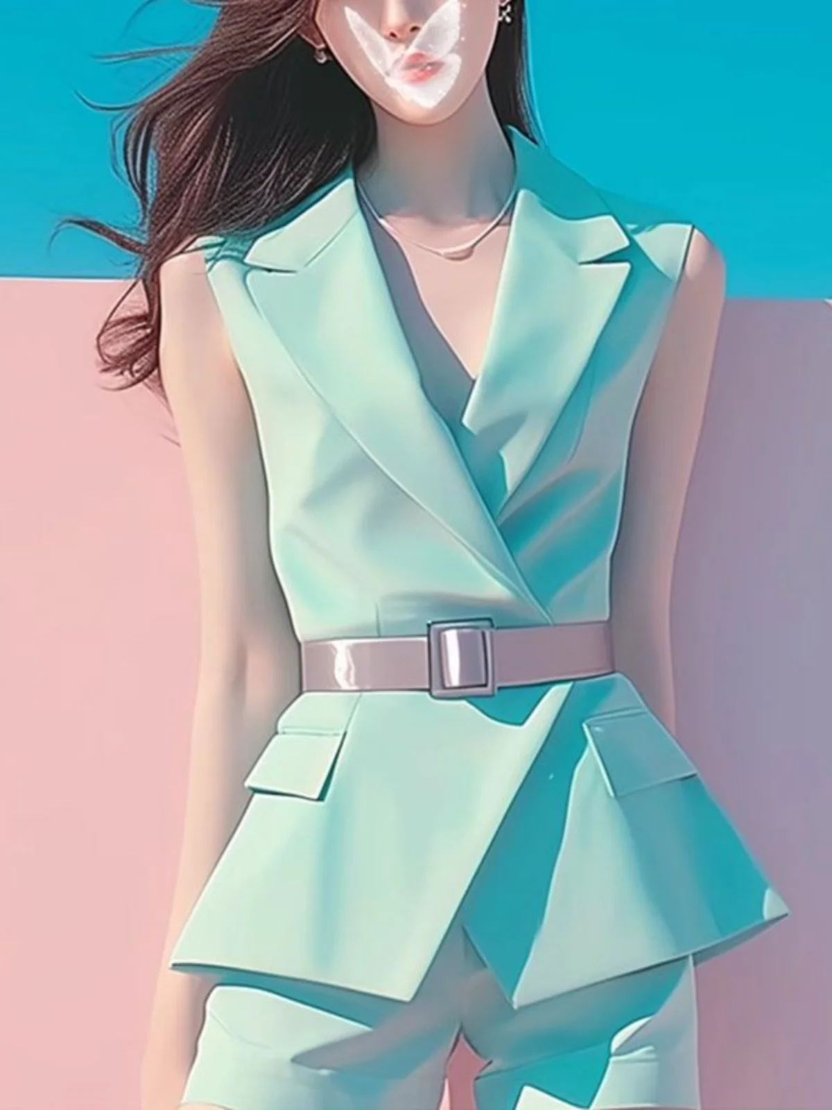 

Fashionable Mint Green Women's Suit Vest And Shorts Set Summer Outfit Small Fragrance Style Streetwear Trendy Two-Piece Set