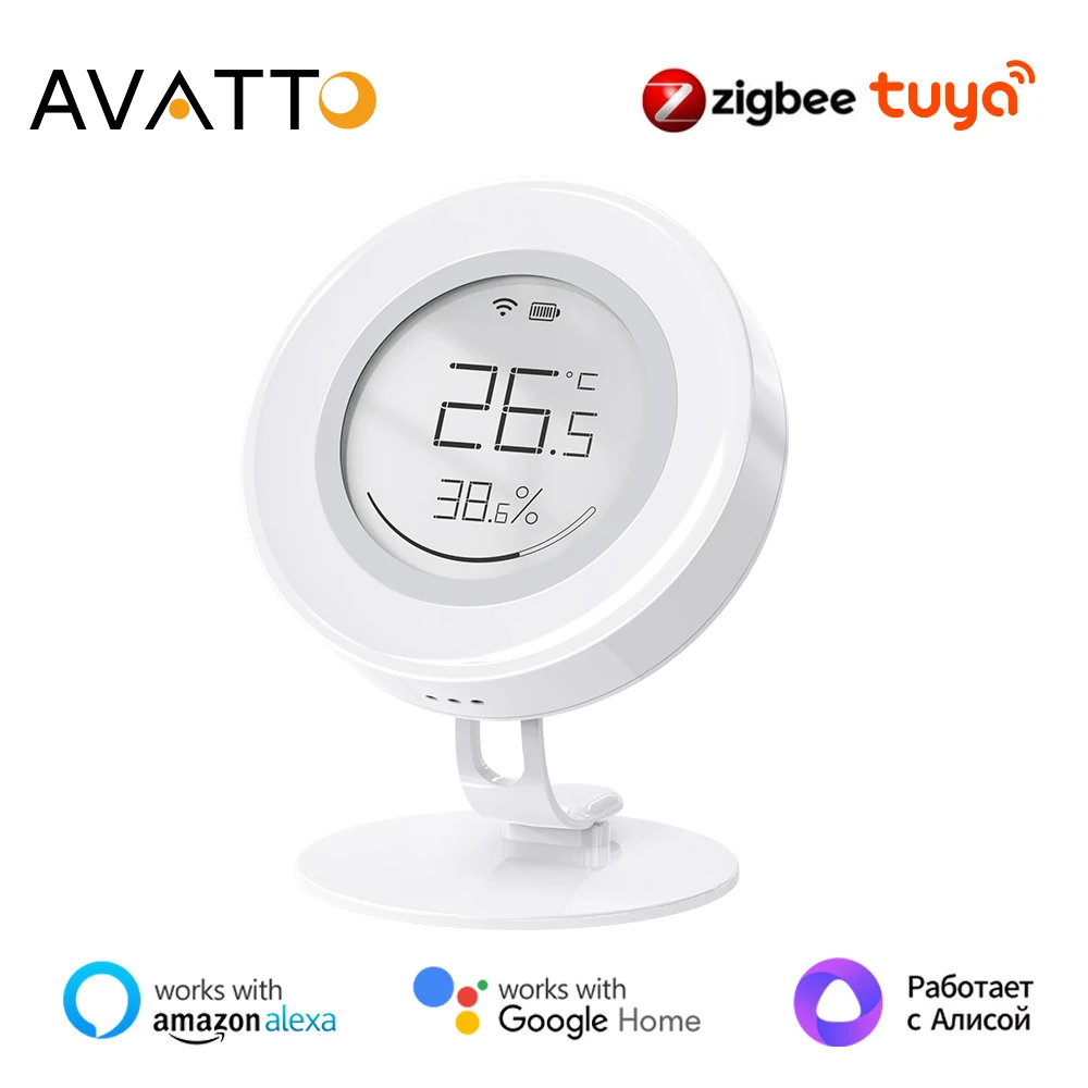 AVATTO Tuya ZigBee E-ink Screen Smart Temperature And Humidity Sensor Low Power Battery Version Works With Alexa Google Home