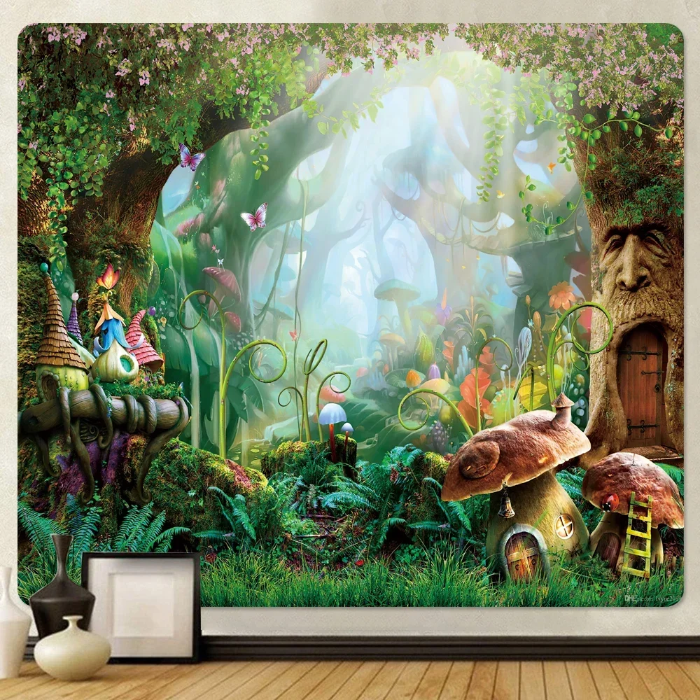 Magic Elf Misty Forest Mushroom Psychedelic Scene Wall Hanging Home Decoration Tapestry Bohemian Decoration Tapestry