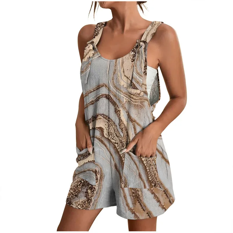 

Trendy European And American Women Summer Sleeveless Pocket Casual Printed Romper Shorts Comfortable Stylish Outfit
