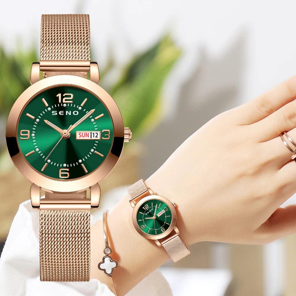 SENO Women's Quartz Watch Stainless Steel Bracelet Fashion Wristwatch Double Calendar Luminous World Time