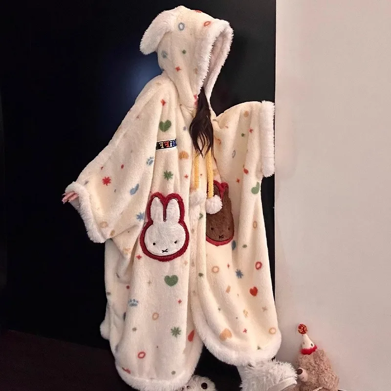 Cartoon-Muster mit süßem Miffy, Kapuzen-Bademantel aus Korallenfleece, Kawaii-Mädchen-Stil, verdicktes und mit Fleece gefüttertes, warmes Kapuzen-Homewear-Set – Detail 3