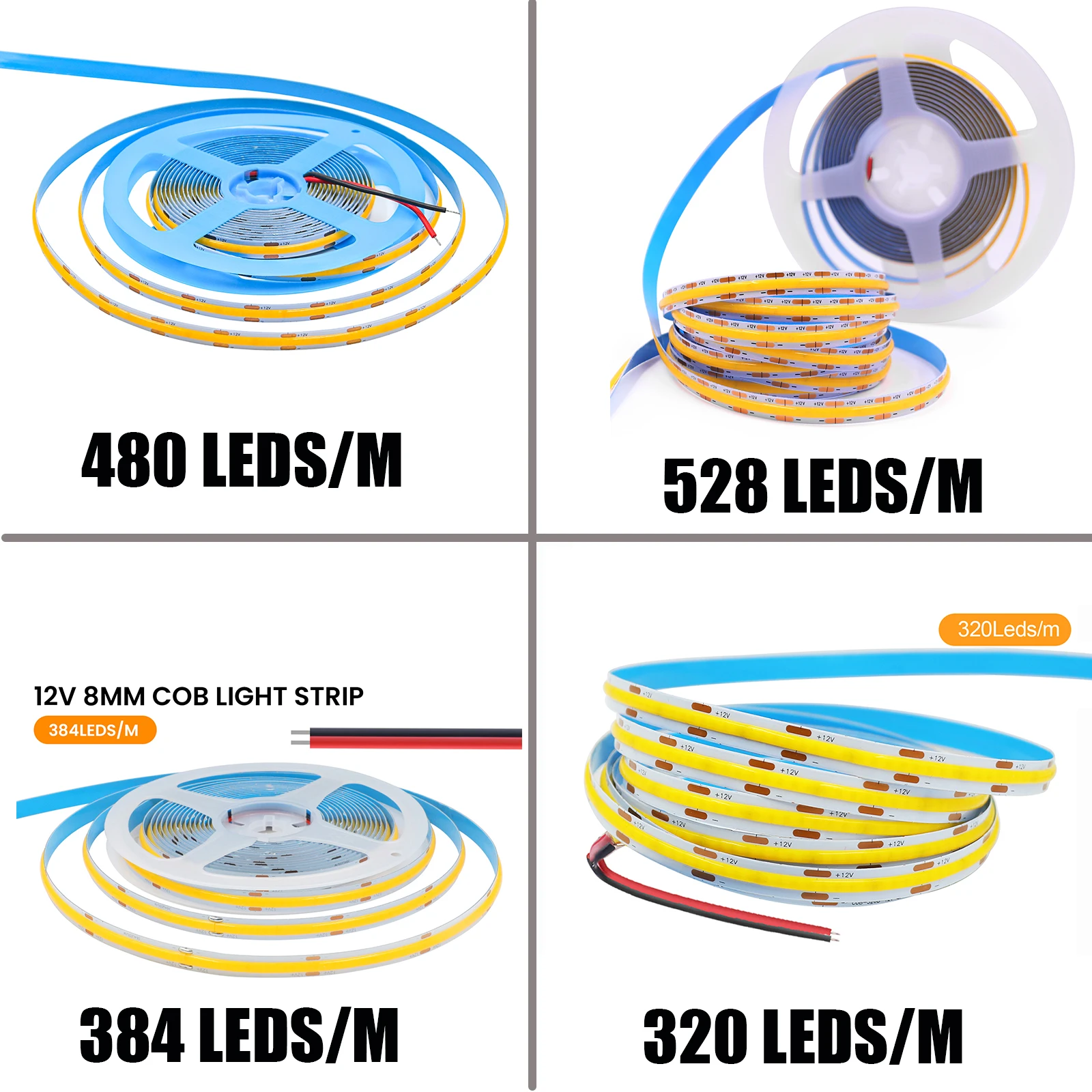 Fita flexível Corda LED Light, COB Faixa, Alta Densidade, Fita, RA90, Branco, 3000K, 4000K, 6000K, IP21, 480, 384, 320, 528LEDs, CC 12V, 24V