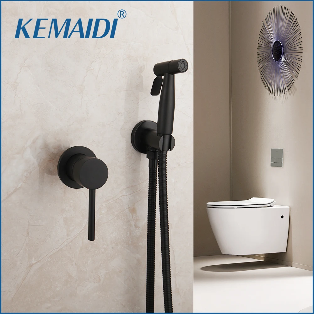 KEMAIDI Matte Black Bidet Faucets Wall Mount Bathroom Shower Hot Cold Toilet Faucet With Hand Shower Bathroom Hot Cold Water Tap