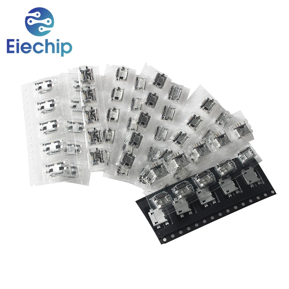 60pcs/lot 5 Pin SMT Socket Connector Kit, Micro USB Type B Female Placement 12 Models SMD DIP Socket Connector for mobile phones