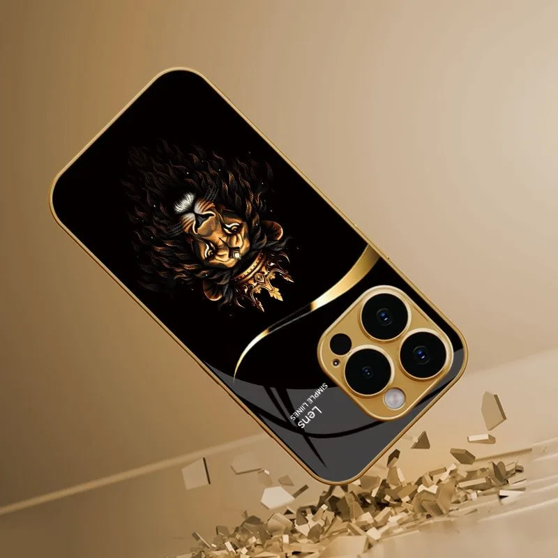 Cooles Löwenmuster mit Goldener Metallic-Lackierung Glas-Handyhülle für iPhone 11 12 13 14 15 16 17 18 Pro Max 14 Plus 17 Air 16E Cover – Detail 2