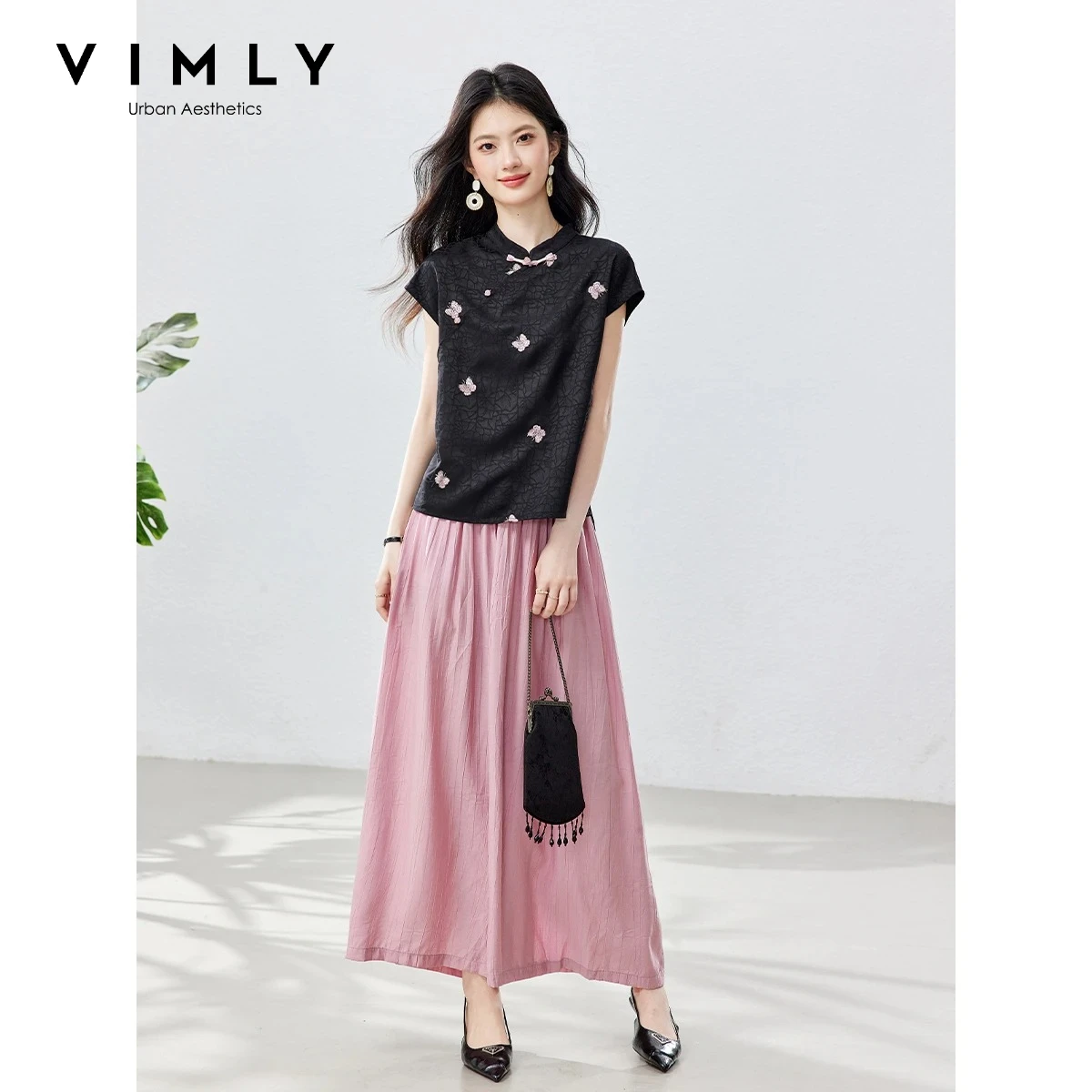 VIMLY New Chinese Color Block Outfit Mandarin Collar Embroidery Shirt Wide Leg Pants Summer Casual 2 Piece Matching Set A6205