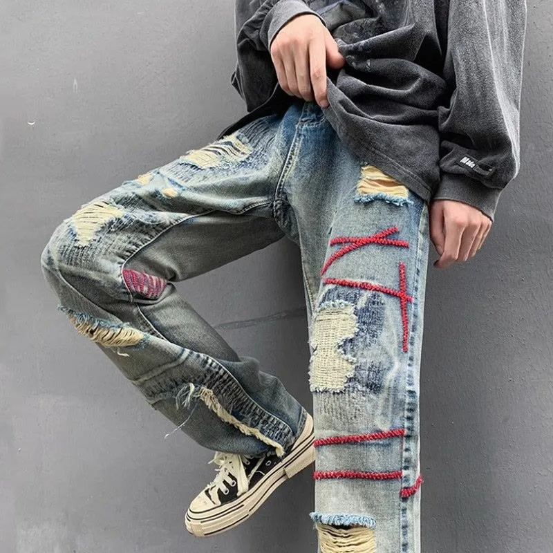 Torn Male Cowboy Pants Broken Ripped Trousers Korean Fashion Casual Luxury Grunge Y2k 2025 Xs Embroidery Men's Jeans with Holes