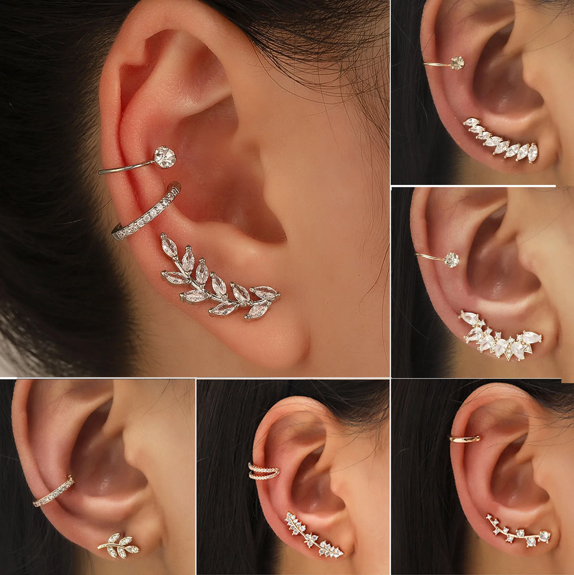 

Korean Fashion Crystal Leaf Ear Clip Earrings For Women Jewelry New Zircon Ear Cuffs Without Hole Fake Piercing Earrings Set