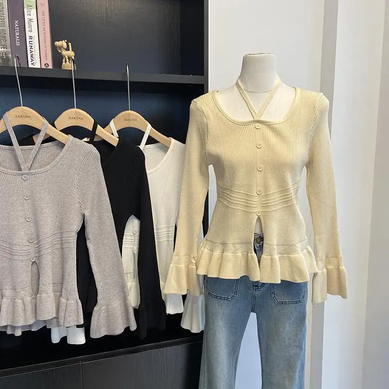 

Autumn New Knitwear Ruffles Flare Sleeve Halter Neck Ruffled Sweater Tops Women's Sweet Slimming Fashion Pullovers