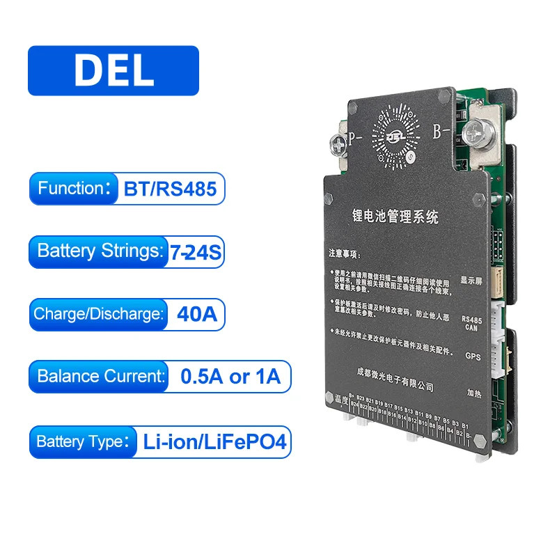 

DEL Smart BMS 7S 17S 20S 24S for LiFePo4 Li-Ion Battery BMS 40A Active Balancer 1A 2A Support Bluetooth RS485 BMS System