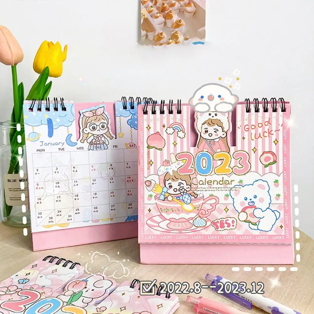2023 Lịch Bàn Hữu Ích Dễ Thương Họa Tiết Tam Giác Đế 2022-2023 Màu Hồng Series Đứng Lật Lịch Vật Dụng Văn Phòng