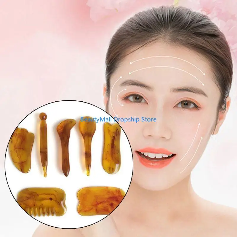 

40JD 7pcs/set Natural Resin Amber Massage Scraping for Face Neck Gua Sha Scraper Massager Therapy Acupoint Acupressure