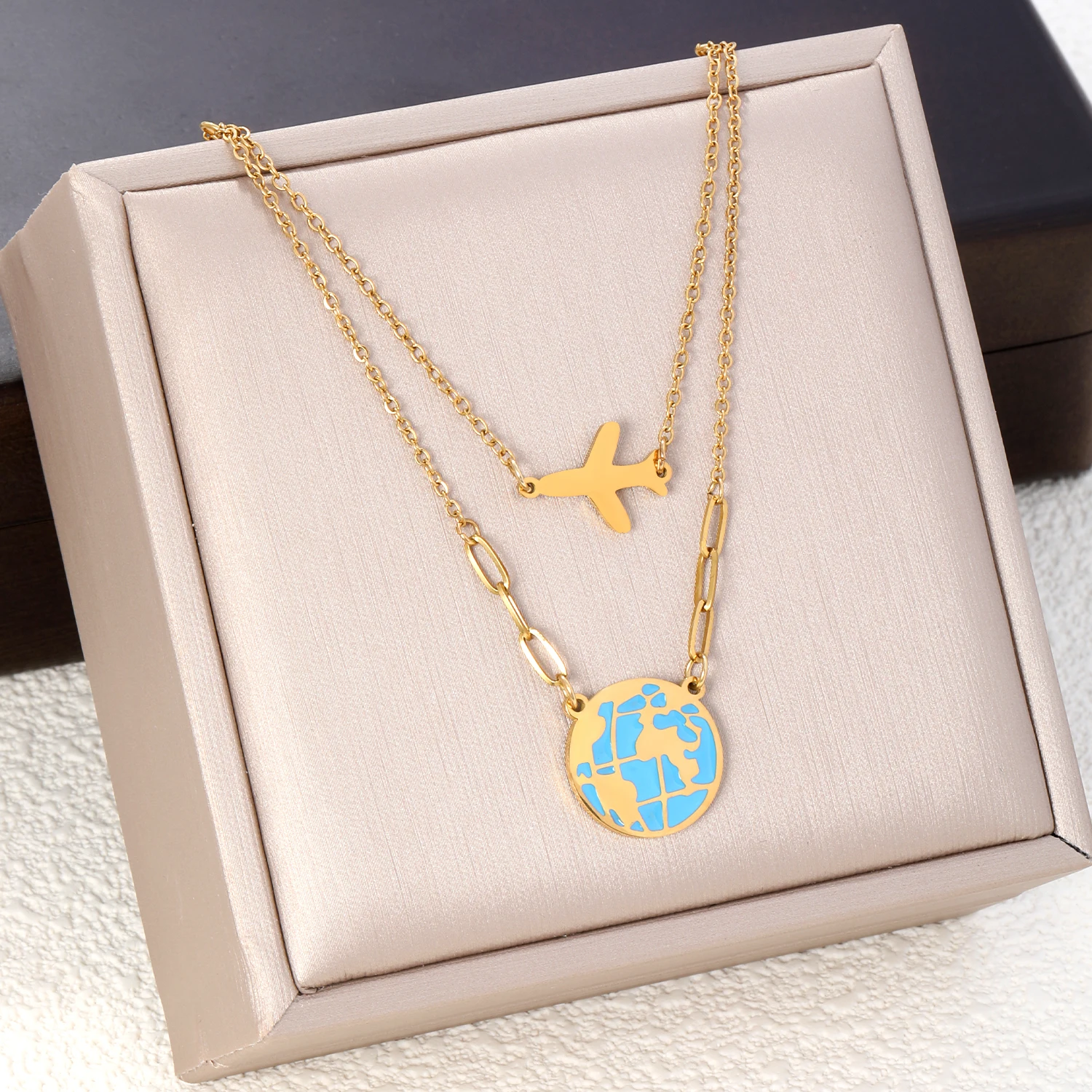 1pc Double Layer Airplane & Globe Pendant Necklace Stainless Steel Dainty Stackable Chain Niche Retro Minimalist Design for Unis