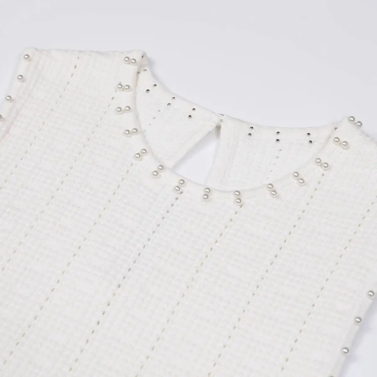 LEOSOXS Sukienki dzianinowe z perłami, białe, modna sukienka letnia bez rękawów z dekoltem typu O, elegancka, długa, z rybim ogonem, wysokiej jakości dla kobiet