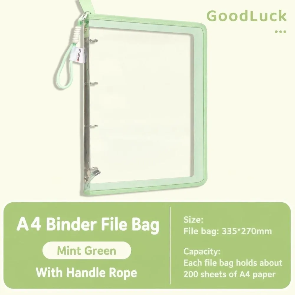 Portable 4-Hole Loose-leaf A4 Binder Folder, Transparent with Handle Document Pouch Zipper File Folder School Supplies