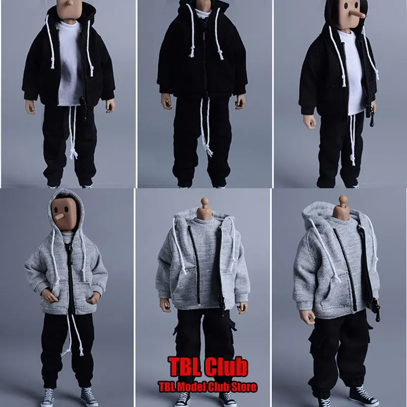 Trendy com capuz jaqueta com zíper e cordão, roupas de soldado masculino, cordão casual, calças esportivas, apto para 6 "Action Figure boneca, escala 1:12