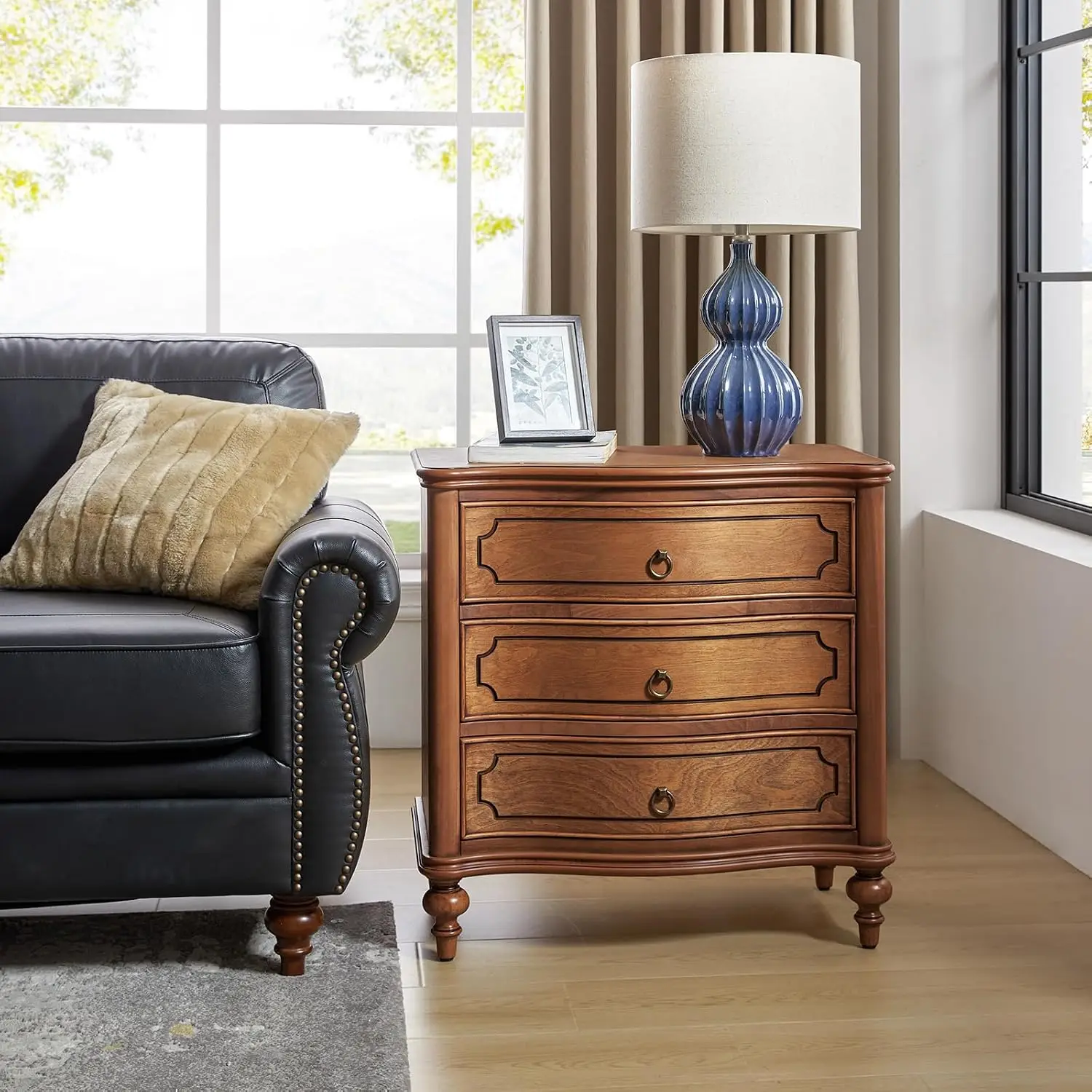 Traditional 3-Drawer Tall Side Table with Curved Front, Charging Station & Solid Wood Legs, Walnut, Customized