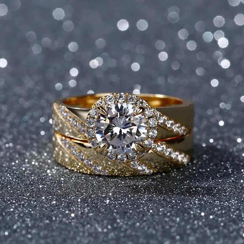Huajie 2Pcs/set Luxury Shining Zircon Inlay Rings for Women Gold Plated Wedding Engagement CZ Ring Sets New Jewelry Trend