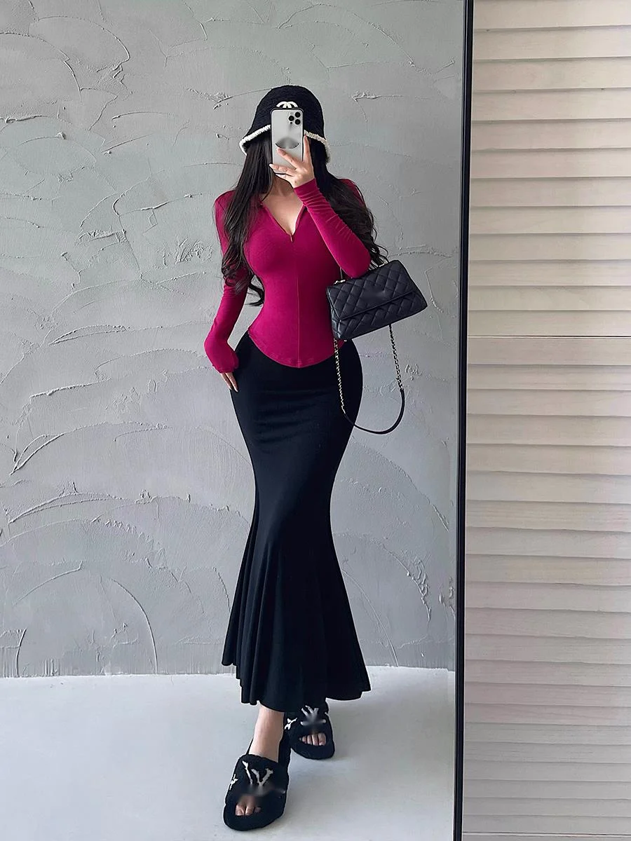 WOMENGAGA Sexy High Waist Tight Slim Elastic Wrap Hip Fishtail Skirt Half Length Skirts Trumpet Mermaid Kroean streetwear T8Z7