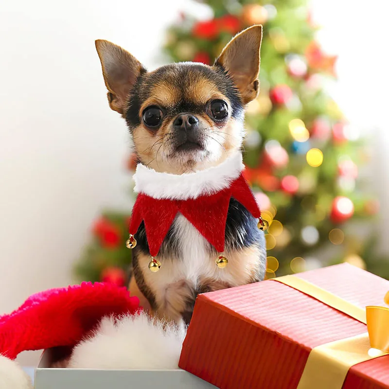 Cat Christmas Accessories Red Green Plush Scarf With Bell New Year Necklace Christmas Elf Costume Accessories For Small Dog Cat