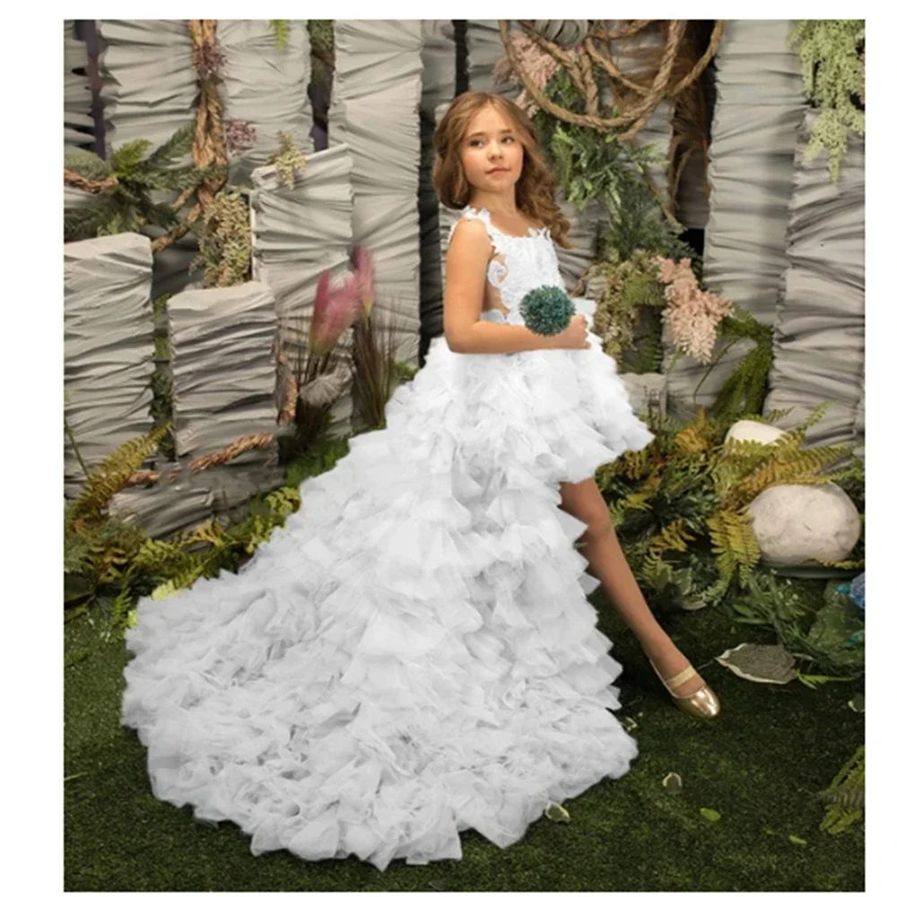 

Birthday Flower Girl Dresses For Wedding 2 Piece Applique Princess Pageant Dress With Detachable Train Toddlers Tiered Tulle