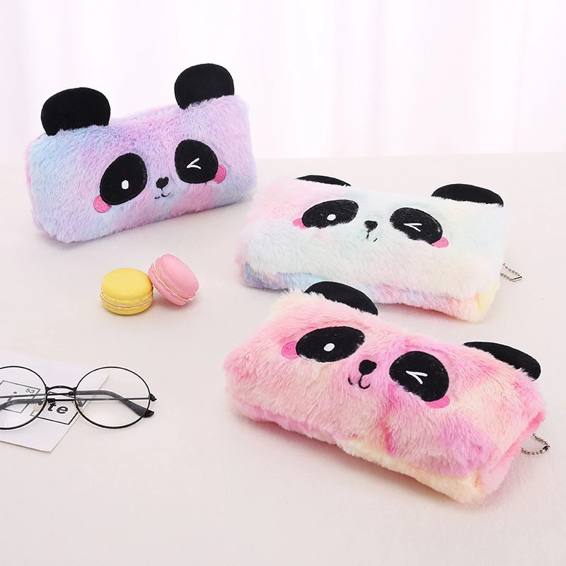 Cute Cartoon Gradual Color Panda Pencil Case Plush Pen Bag Student Stationery Supplies Tool