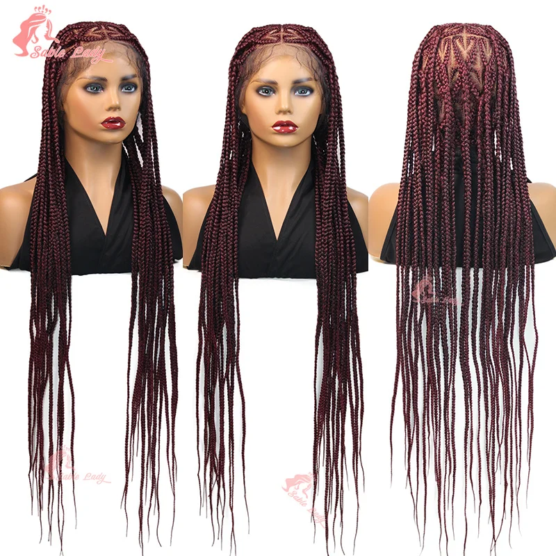 36" Synthetic Wigs Heart Box Braided Full Lace Wigs Burgundy Cornrow Braids Lace Wigs for Woman African Faux Locs Braiding Hair