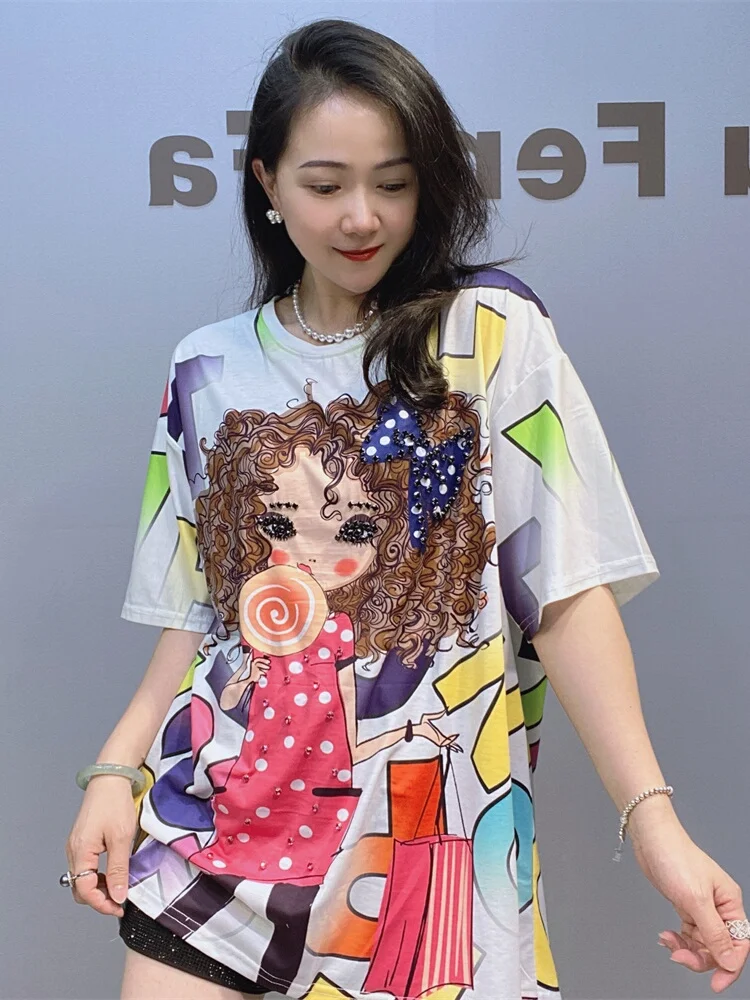 تي شيرت نسائي قطني بارد بأكمام قصيرة على الطراز الكوري لفصل الصيف مع طباعة ثقيلة وخرز بمقاسات كبيرة #3