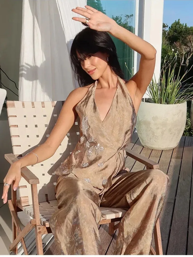 

Halter Beaded Embroidery Vest Pants Sets Women Lace Up Backless Tank Top Wide Leg Trousers Suits Female Summer New Outfits PY9X