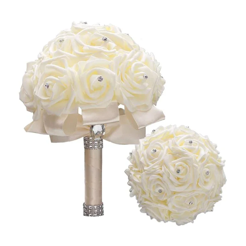 Bouquet de roses artificielles pour demoiselles d'honneur, blanc ivoire, crème, avec diamant, adapté aux fêtes de mariage et aux polarisation