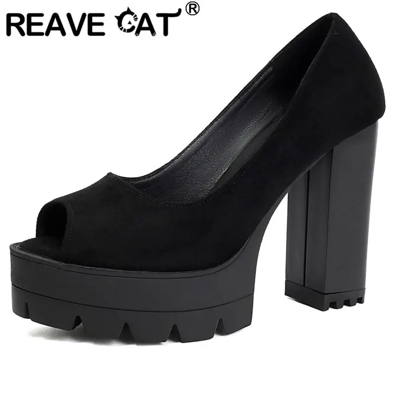 REAVE CAT Black Sexy Female Sandals Peep Toe 11cm Block Heel 3.5cm Platform Slip On Dating Party Shoes Extended Size 43 44 45 46