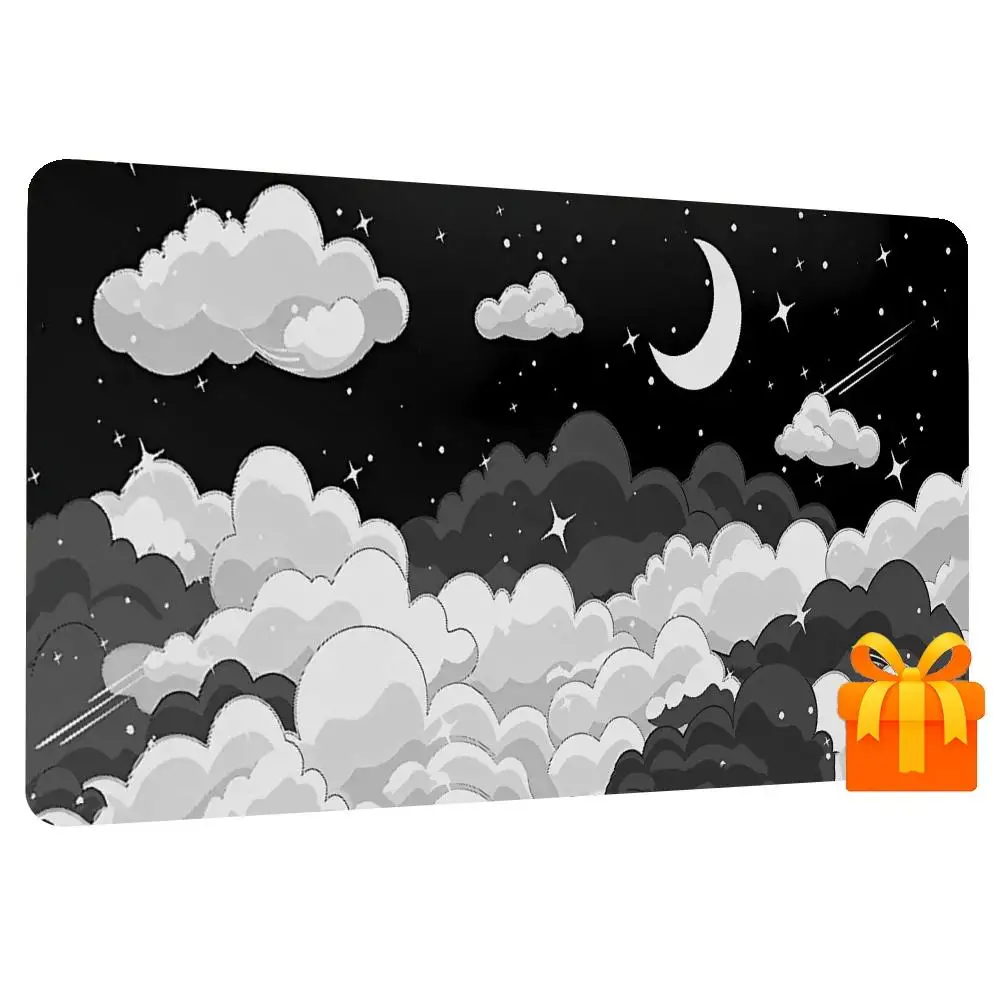 Large Playmat Night Sky Cloud Gaming Mouse Pad Black White Moon Star Meteor Desk Mat, Office Card Esports Gift Non-Slip Stitched