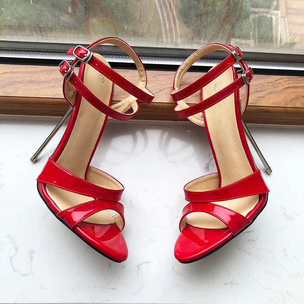 Tikicup 16cm Extremely High Heel Women Ankle Strap Red Stiletto Sandals Sexy Open Toe Summer Shoes Wide Leg Plus Size 35-46