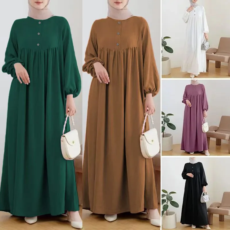 

Muslim Arab Robe Spring/summer Long Loose Casual Bubble Sleeve Solid Color Wooden Buckle Dress Dubai Luxury Islam Elegant