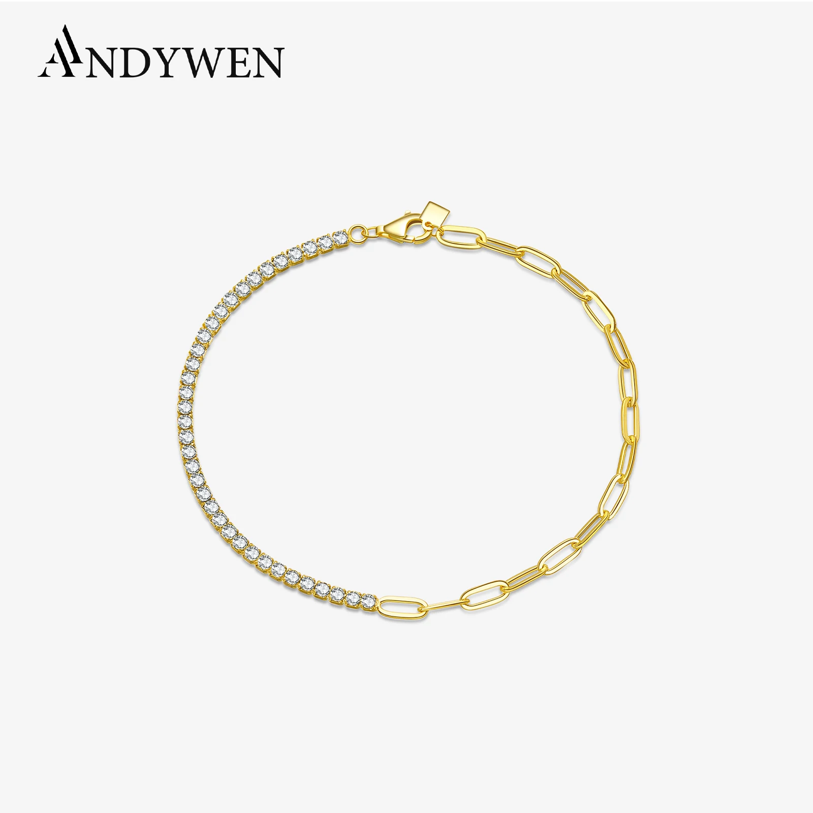 ANDYWEN 925 Sterling Silver Large 2mm Clear Tennis Paperclip Bracelet Chain Jewels Women Wholesale Price Dropshipping Waterproof