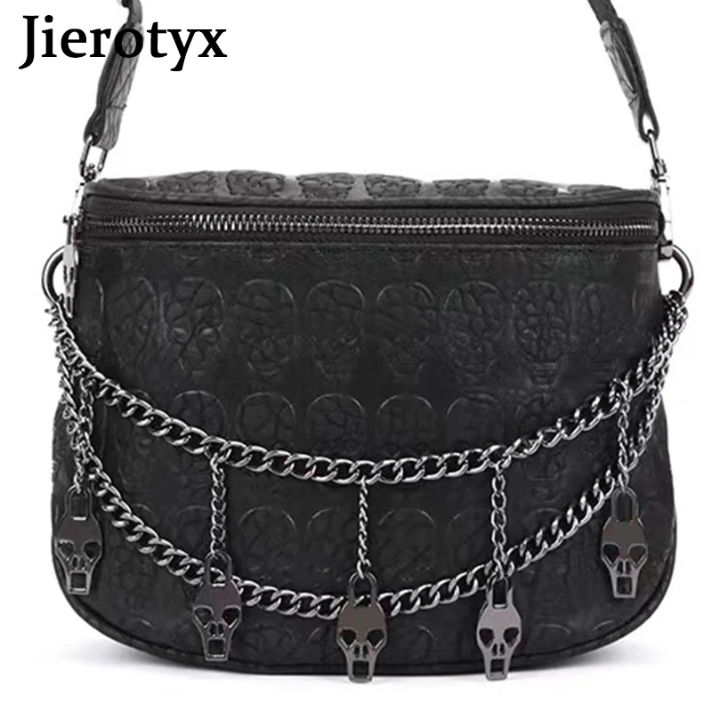 JIEROTYX Studded Skull Bag for Women Vegan Leather Punk Rock Rivet Bag Shoulder Bag with Chain Black Leather Wallet Purse