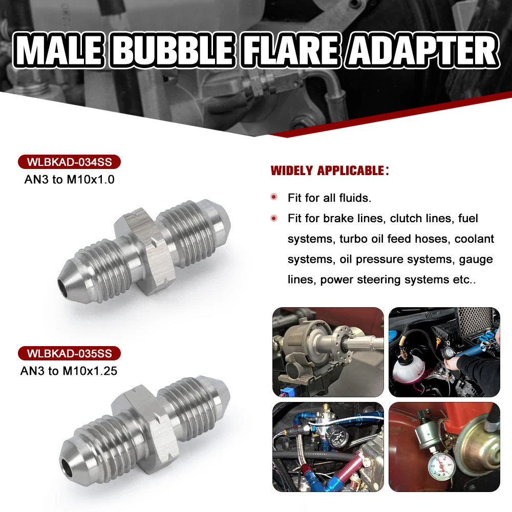 AN3 Male 3/8x24 UNF to M10x1.25 / M10x1.5 / M10x1.0 Male Bubble Flare Stainless Steel Brake Fittings Adapter