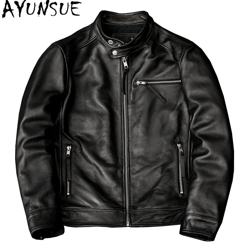 

AYUNSUE Genuine Cowhide Jacket Men 2025 Spring Autumn Real Cow Leather Jacket for Men Style Black Short Leather Coats Casual 6XL