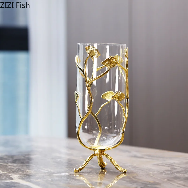 Golden Ginkgo Leaf Glass Vase Hydroponic Flower Pots Decorative Flower Arrangement Desk Decoration Floral Vases Modern Decor